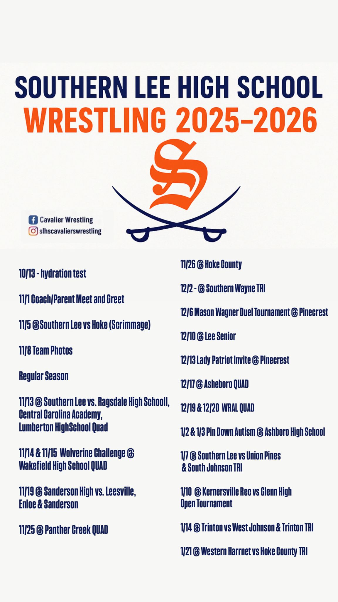 2025-2026 Southern Lee High School Wrestling Schedule is Here